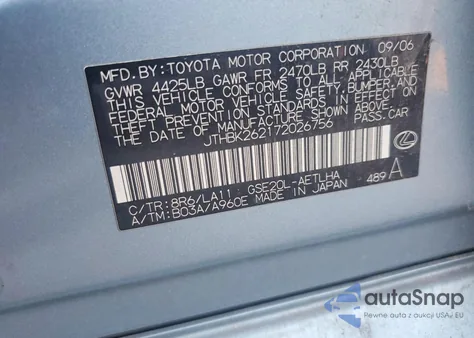 2007 Lexus Is 250 z USA, uszkodzony, nr VIN JTHBK262172026756